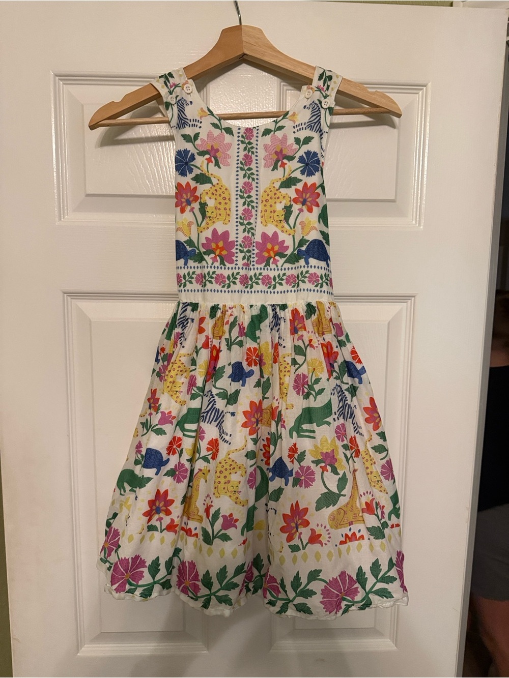 Mini Boden White Sundress with Multicolor Floral & Animal Print